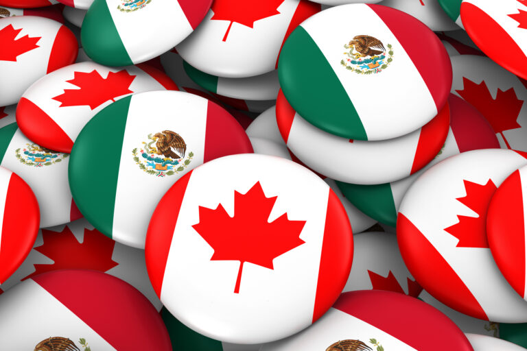 Canada and Mexico Badges Background - Pile of Canadian and Mexican Flag Buttons 3D Illustration